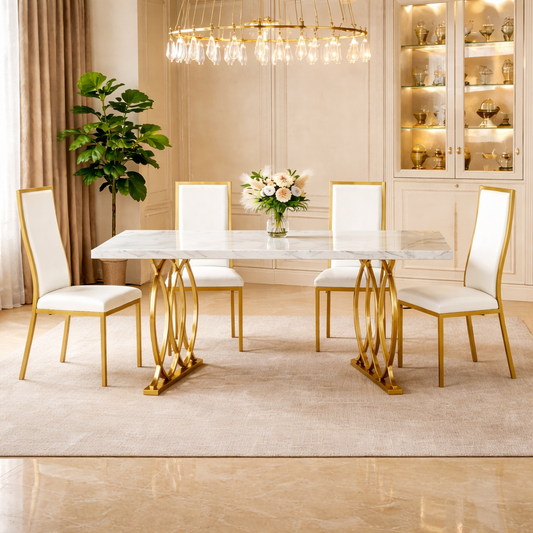 63" Faux Marble Dining Table Set with 4 White Chairs, Gold Metal Base Dining Room Set-0