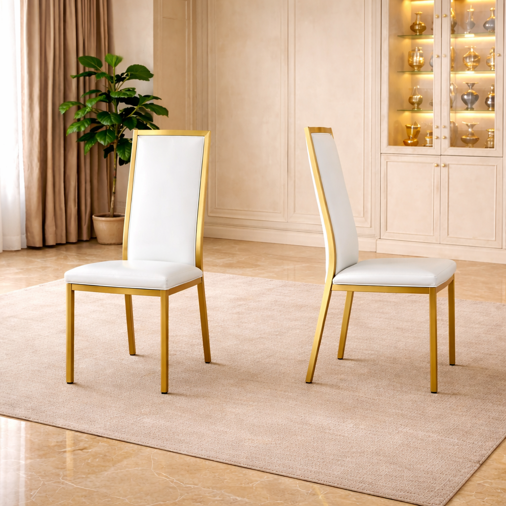 63" Faux Marble Dining Table Set with 4 White Chairs, Gold Metal Base Dining Room Set-3