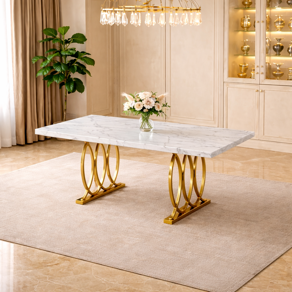 63" Faux Marble Dining Table Set with 4 White Chairs, Gold Metal Base Dining Room Set-4