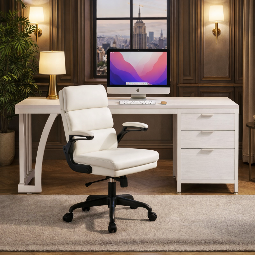 59-Inch Computer Desk With White Space-Saving Chair