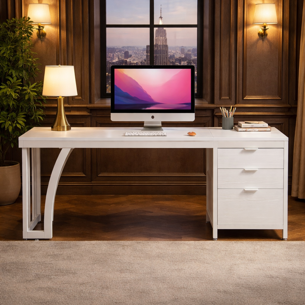 59-Inch Computer Desk With White Space-Saving Chair