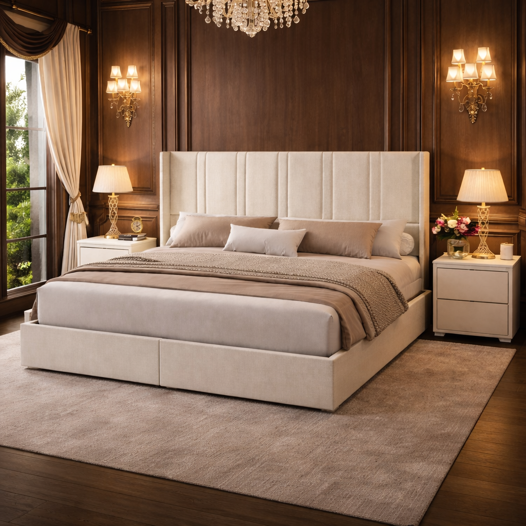 Queen White Wingback Storage Bed with 2 Nightstands Set with Drawers and Channel Tufted Headboard-2