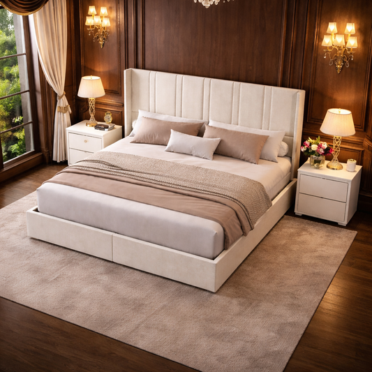 Queen White Wingback Storage Bed with 2 Nightstands Set with Drawers and Channel Tufted Headboard-1