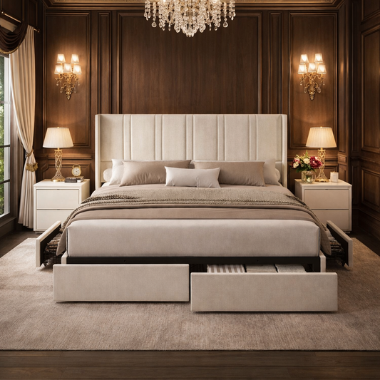 Queen White Wingback Storage Bed with 2 Nightstands Set with Drawers and Channel Tufted Headboard-0