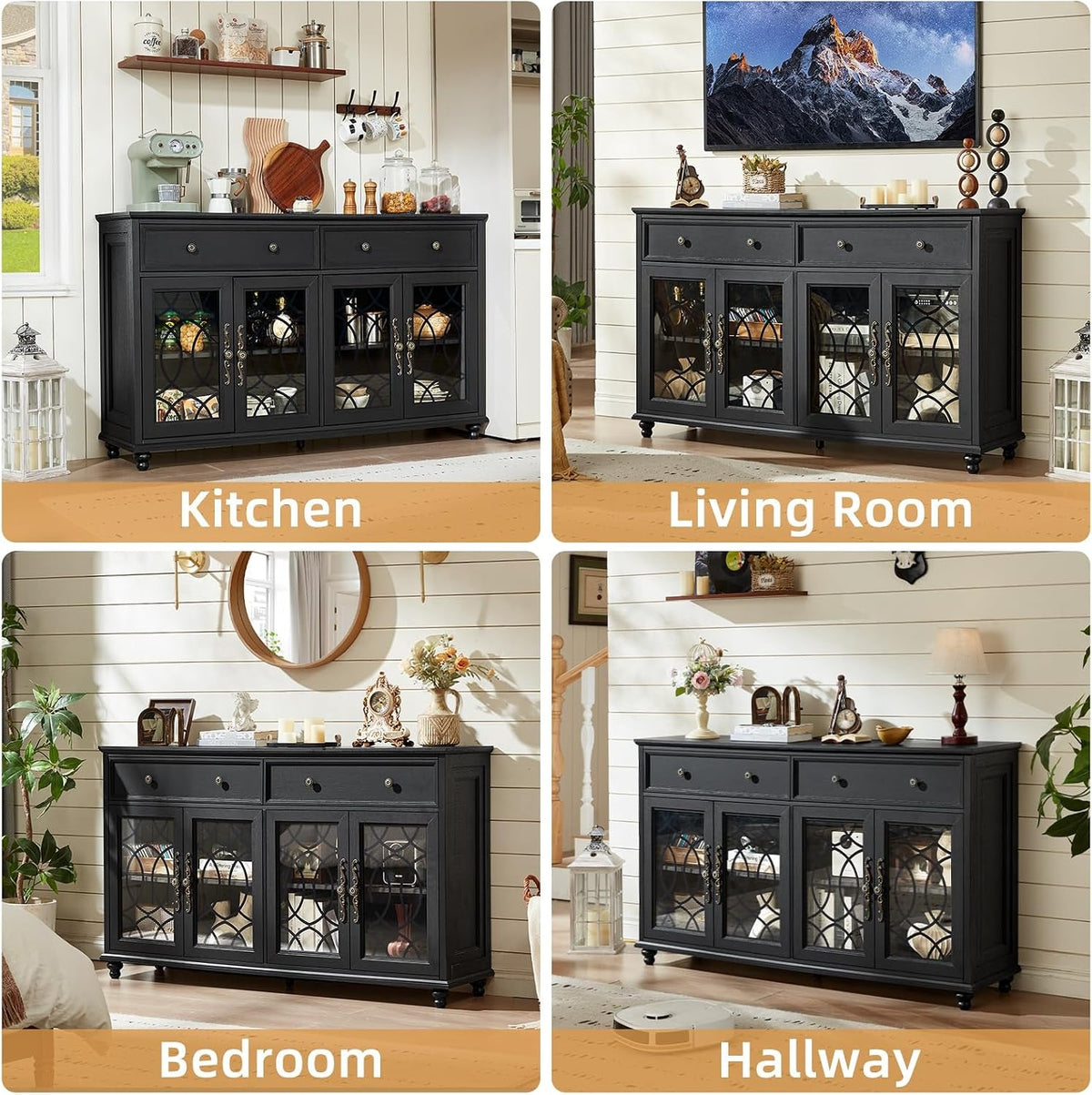 Black Sideboard Buffet Cabinet With Adjustable Shelves
