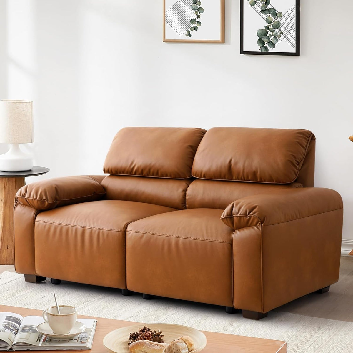 68 Inch PU Leather Loveseat Mid CenturyModern Brown