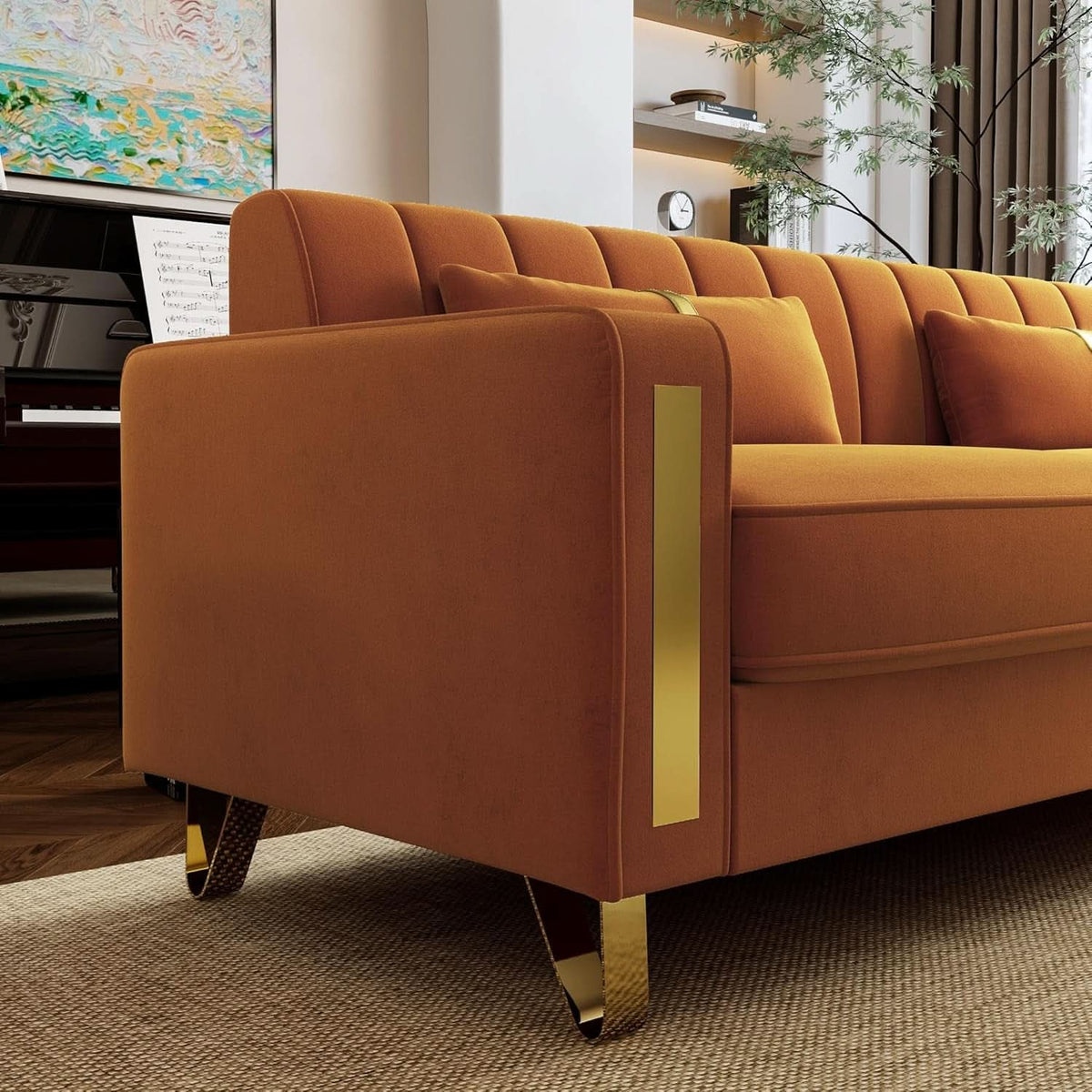 2 Piece Orange Velvet Loveseat Couch Set With Gold Metal Legs 86 Inch Living Room Sofa With 4 Pillows-3