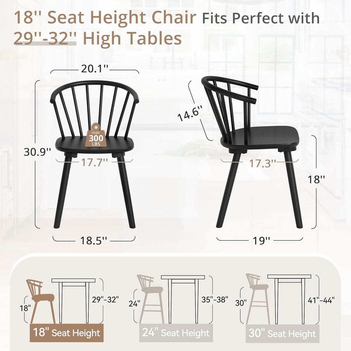 Black Farmhouse Wood Dining Chairs Semicircular Backrest
