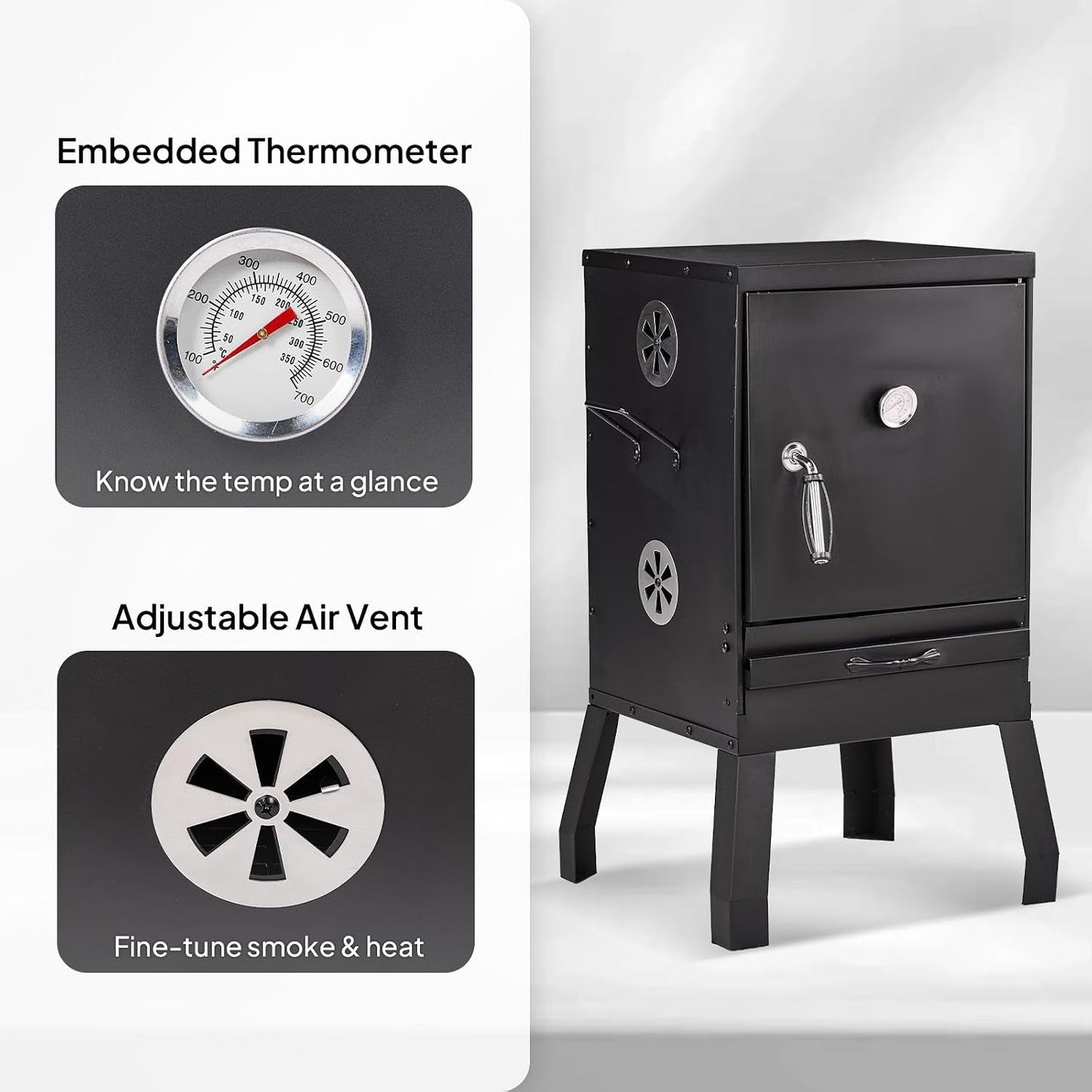 Black Portable Vertical Charcoal Smoker Grill Outdoor