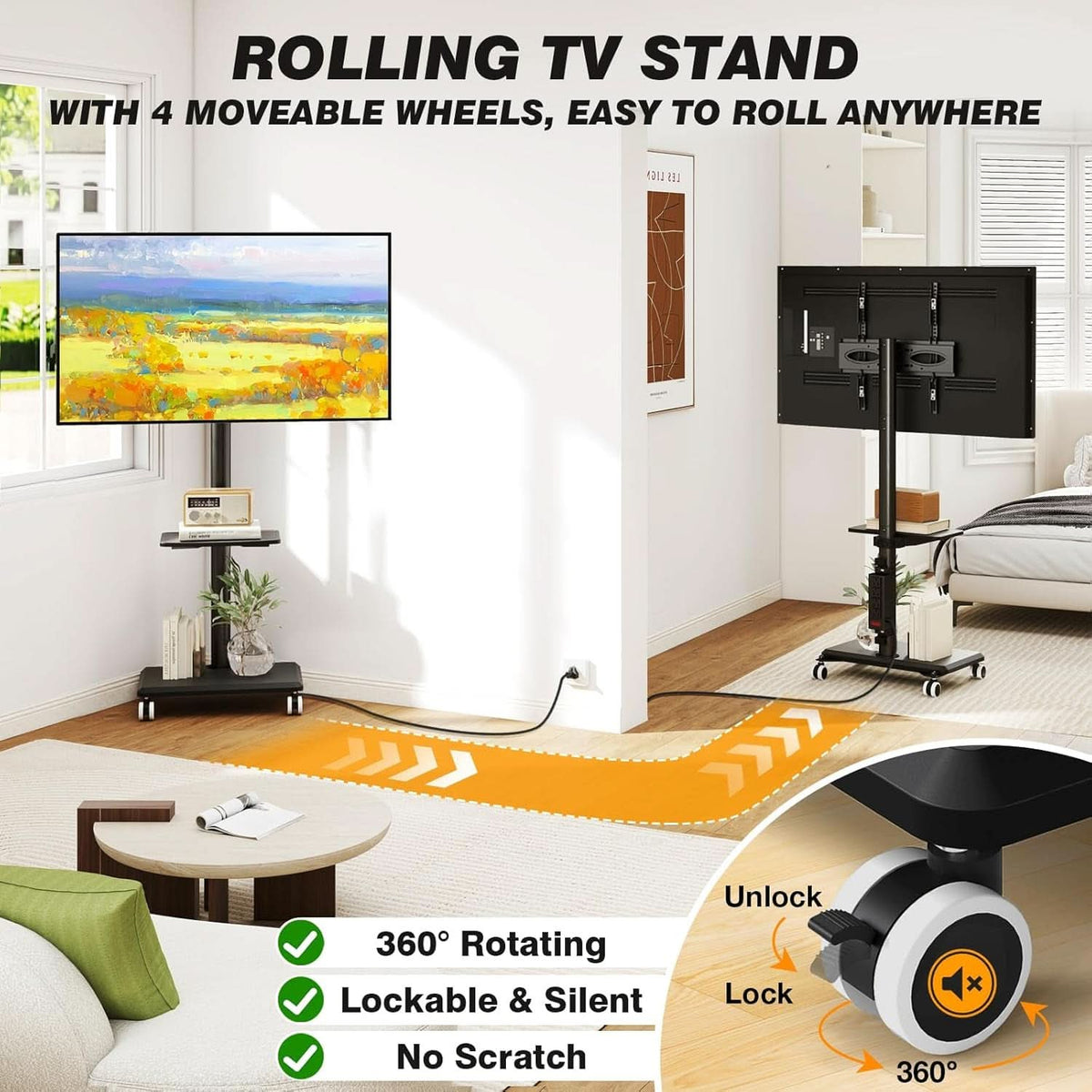 Black Rolling TV Stand With Integrated Storage Shelving