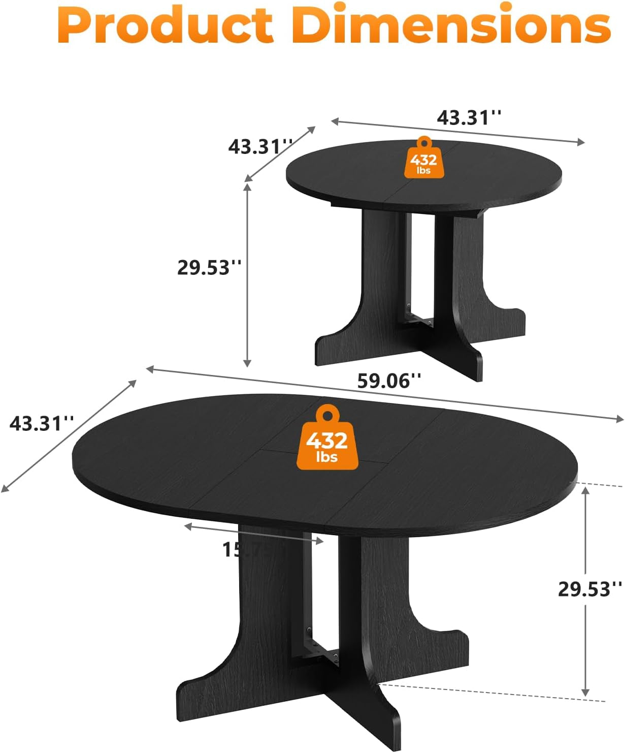 Expandable Charcoal Circular Dining Table 43in 59in
