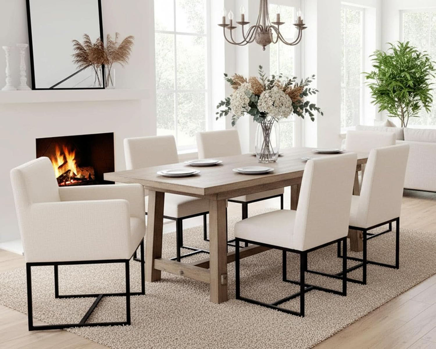 Cream Linen Upholstered Dining Chairs Midcentury Modern-4