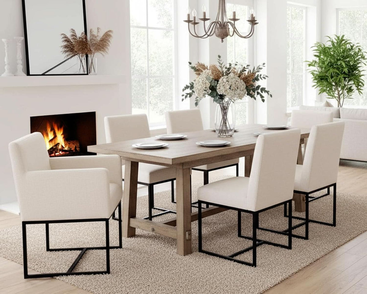 Cream Linen Upholstered Dining Chairs Midcentury Modern-4