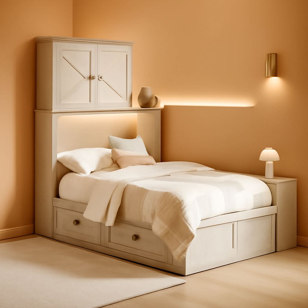 Murphy Bed With Distressed White Storage And Charging