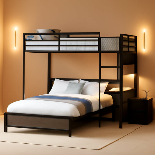 Twin Over Full Bunk Bed With Desk Charging Station Led Lights Grey