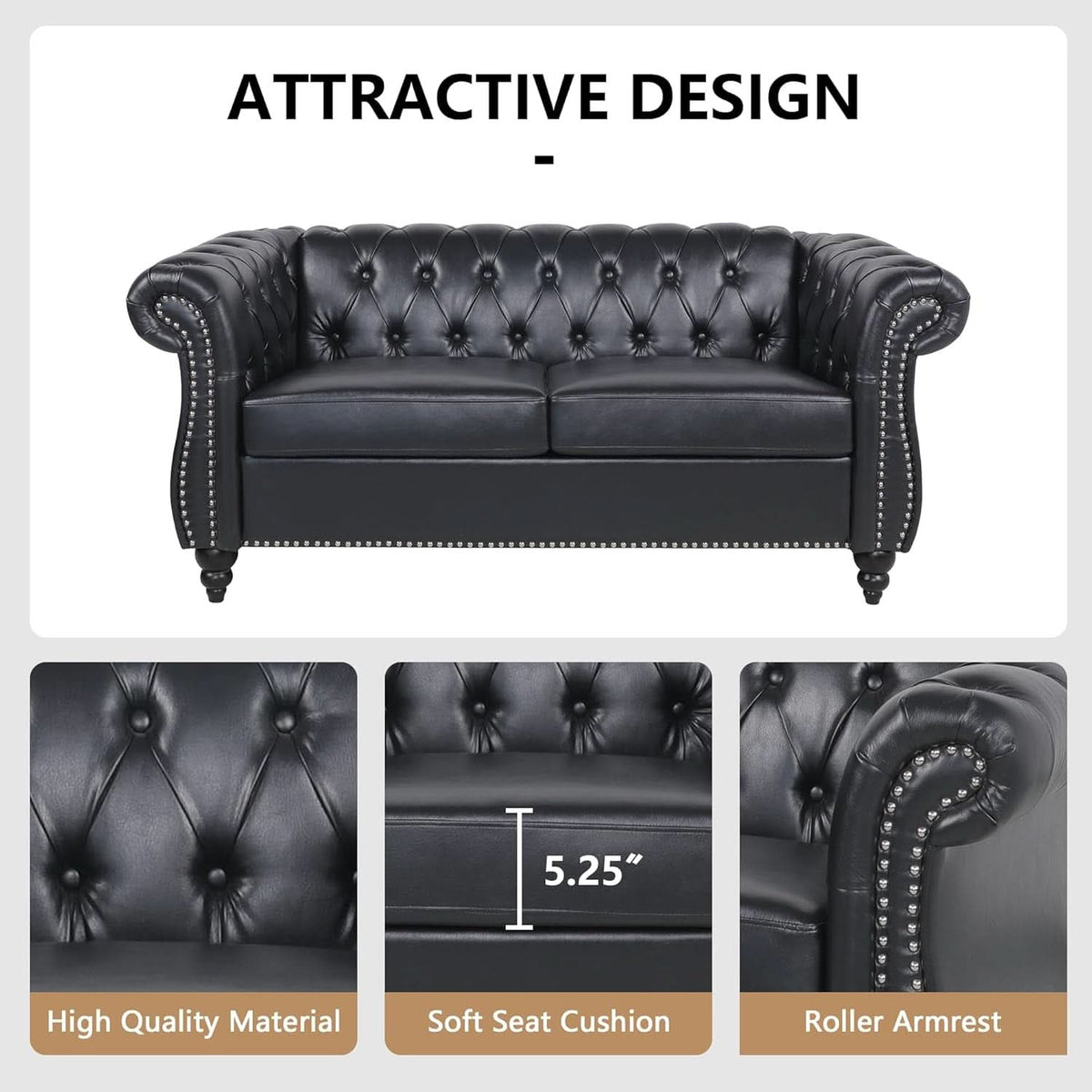 3 Piece Living Room Set Sectional Chesterfield Sofa Chair Artificial Leather Black-3
