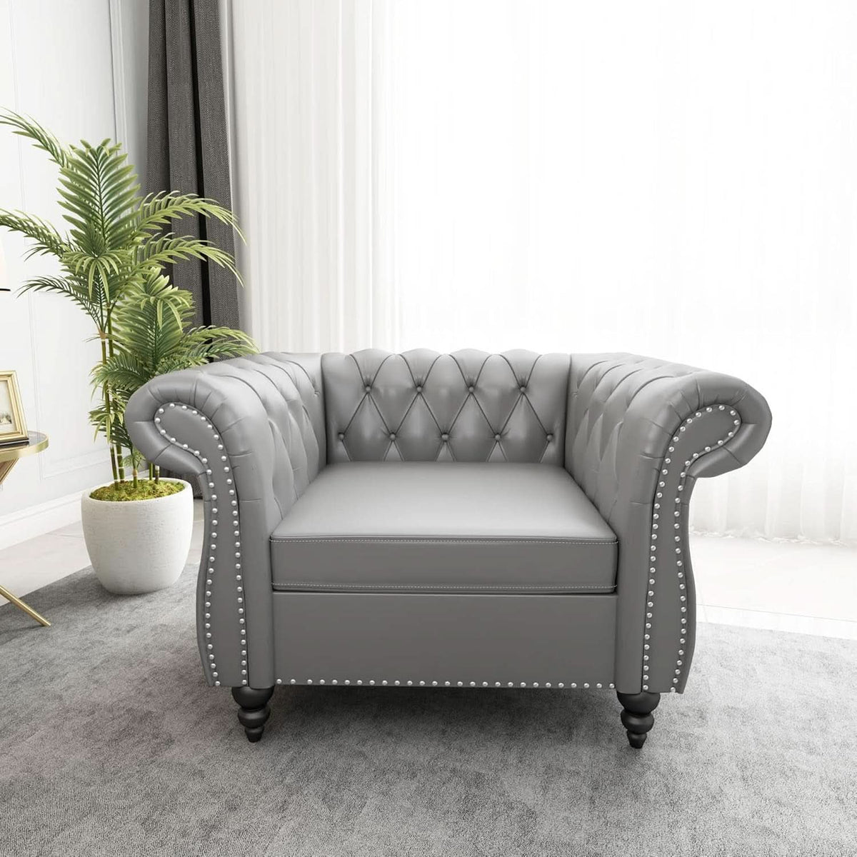 Grey Chesterfield Leather Living Room Set With Scroll Arms