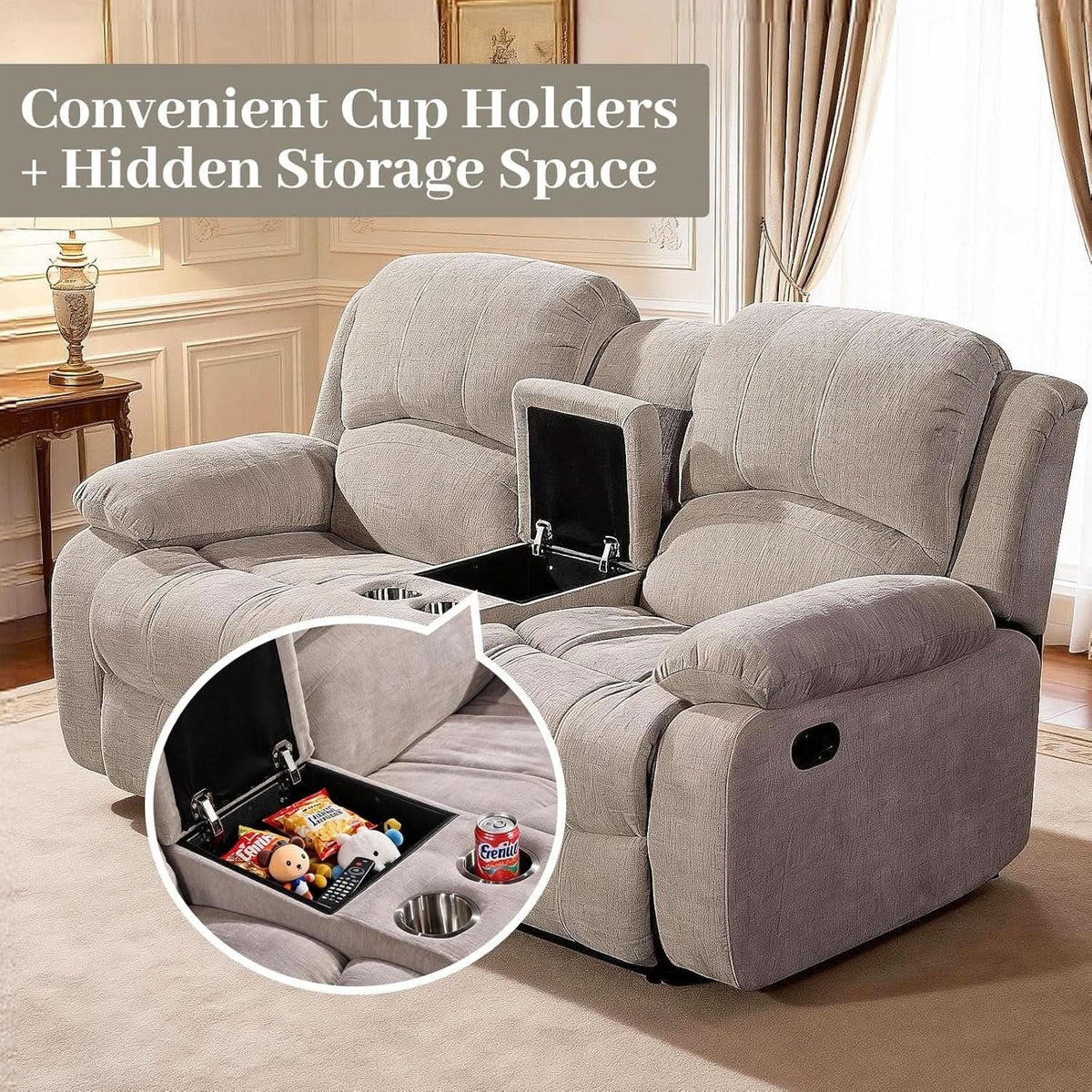Light Grey Microfiber Reclining Sofa Set Cupholder
