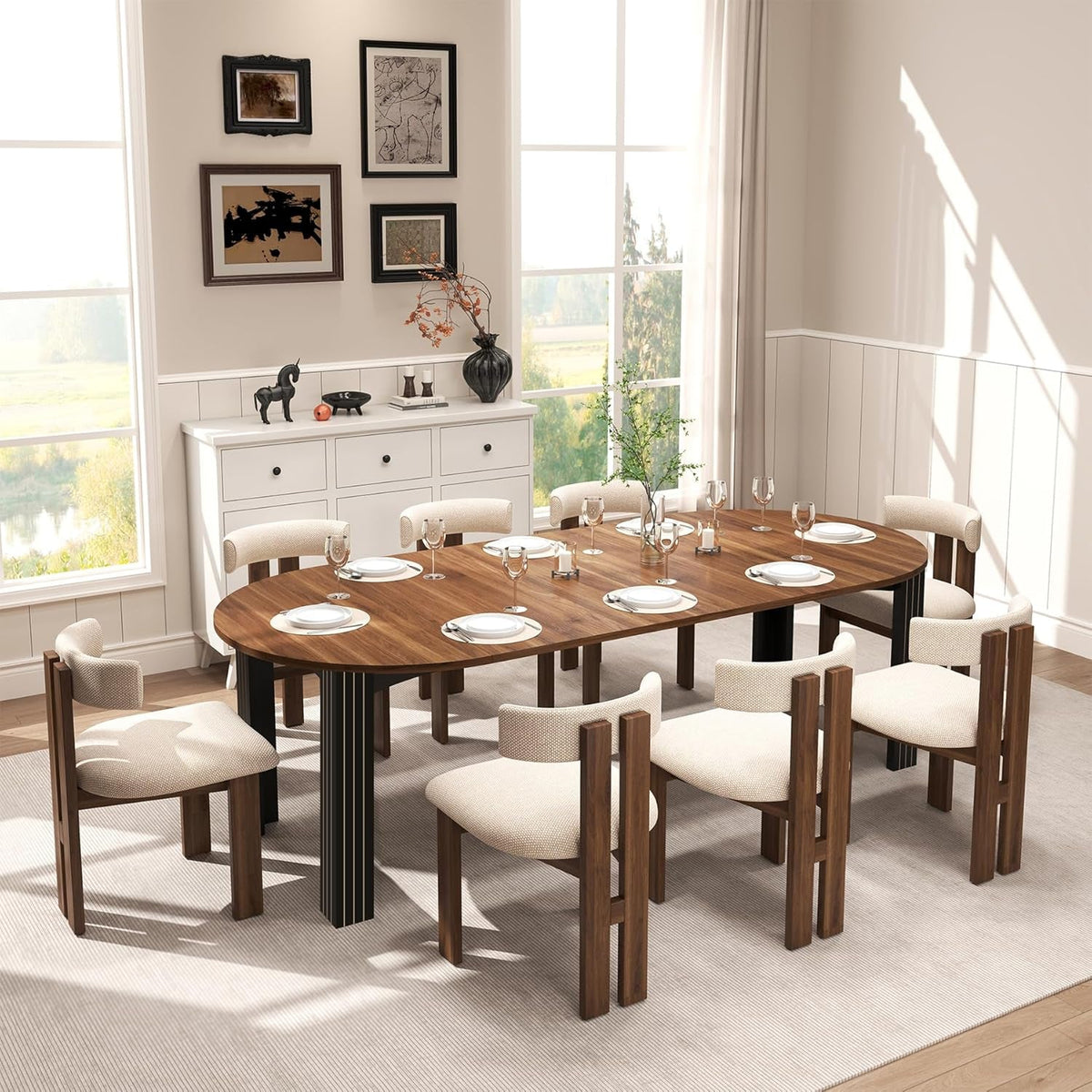 Walnut wood Oval Extendable Dining Table With Leaves