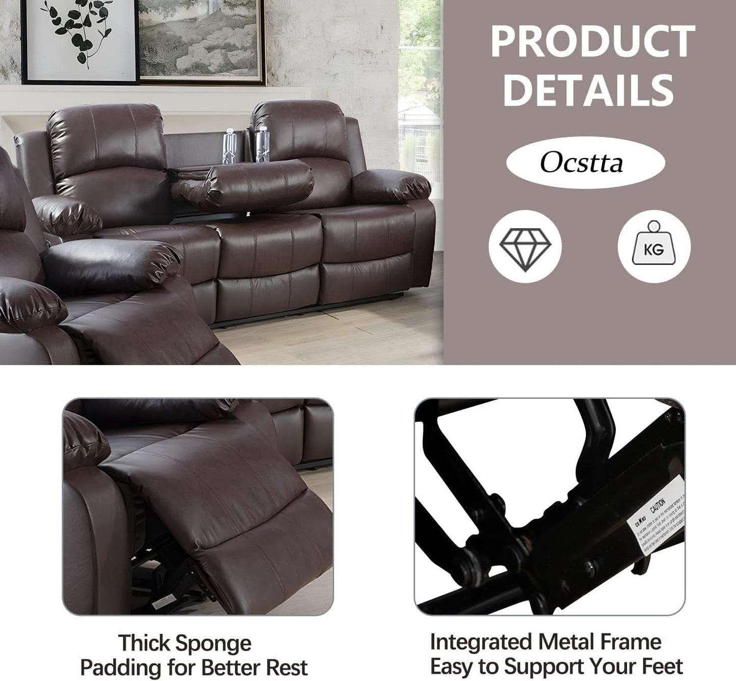 Manual Leather Recliner Sofa Set Brown For Living Room