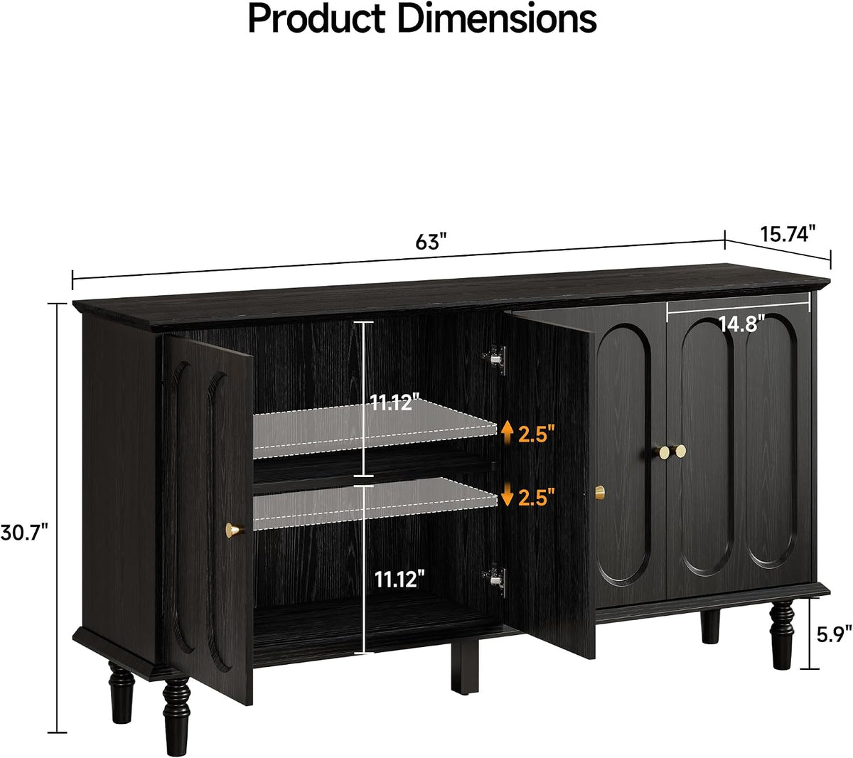 63 Inch Smoky Black Buffet Cabinet Adjustable Shelves