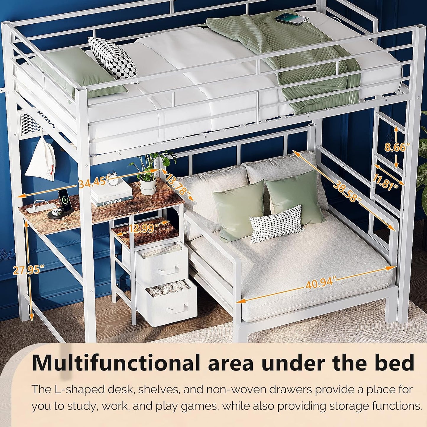 Twin Over Twin Metal Loft Bunk Bed With Desk LED Storage Drawers