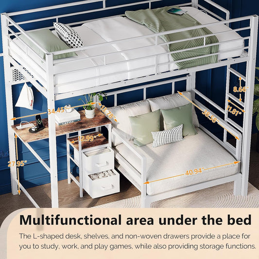 Twin Over Twin Metal Loft Bunk Bed With Desk LED Storage Drawers
