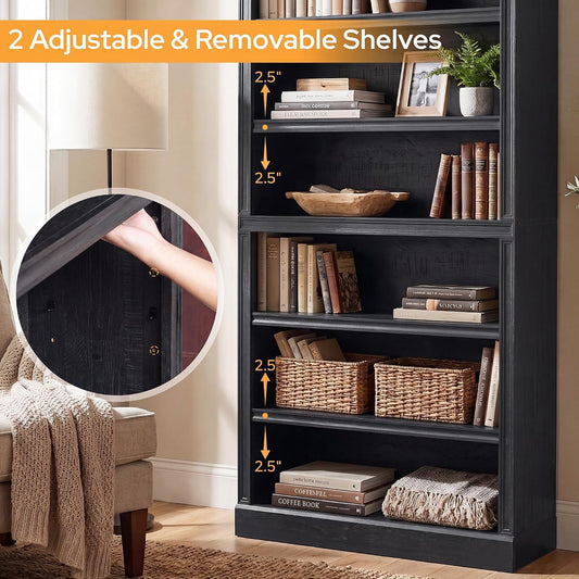 Five Tier Black Finished Wooden Adjustable Bookcase