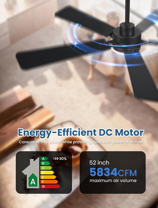 52Inch Matte Black Ceiling Fan Remote Dimmable LED Lights