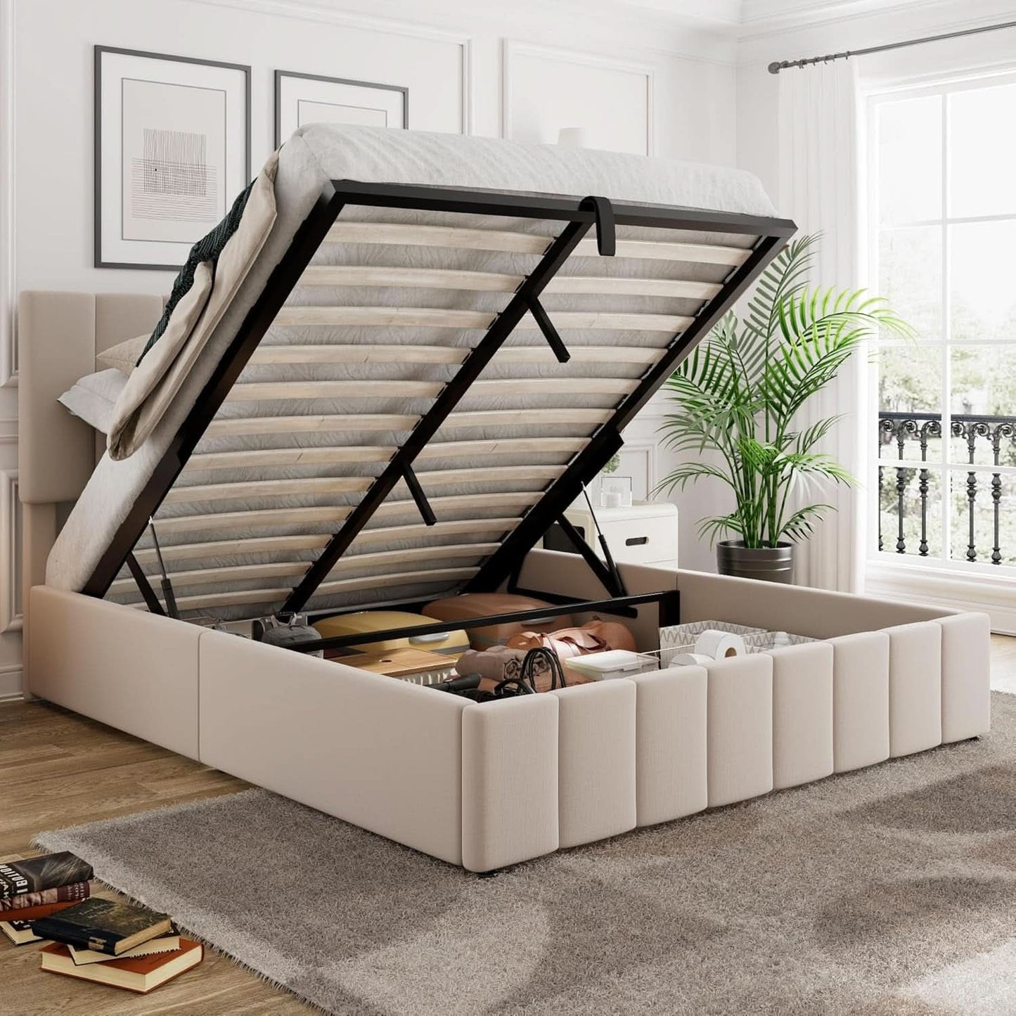 Gas Lift Storage Platform Bedframe Queen Upholstered