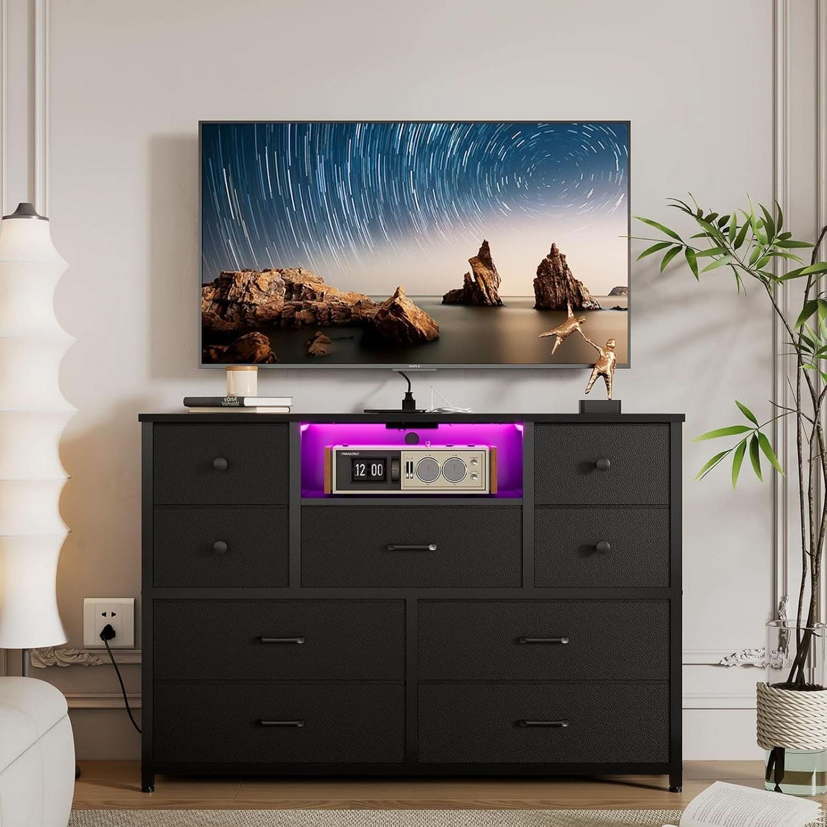 Charcoal Nine Drawer Wardrobe TV Stand With LED Lighting