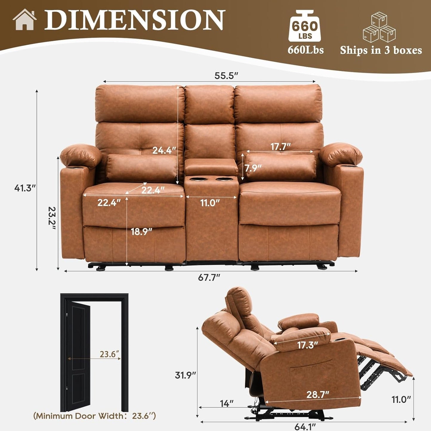 Power Recliner Loveseat With Console Yellowish Brown