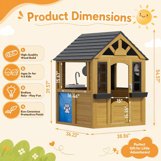 Kids Outdoor Wooden Playhouse With Kitchen Playground