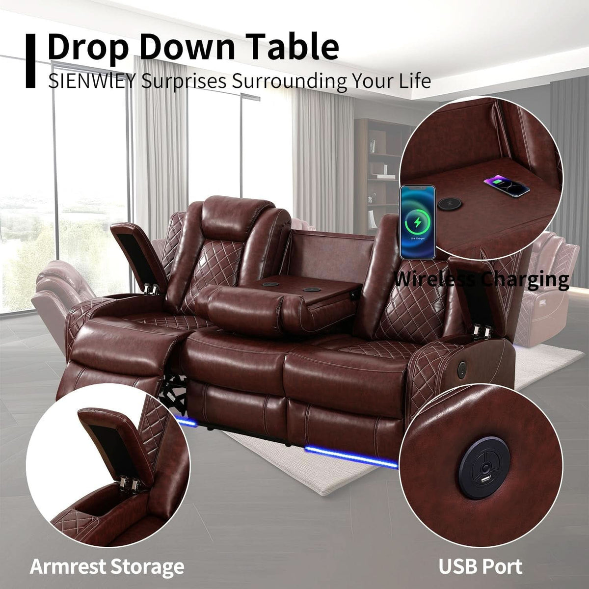 Power Reclining Brown Leather Sofa Set For Living Room