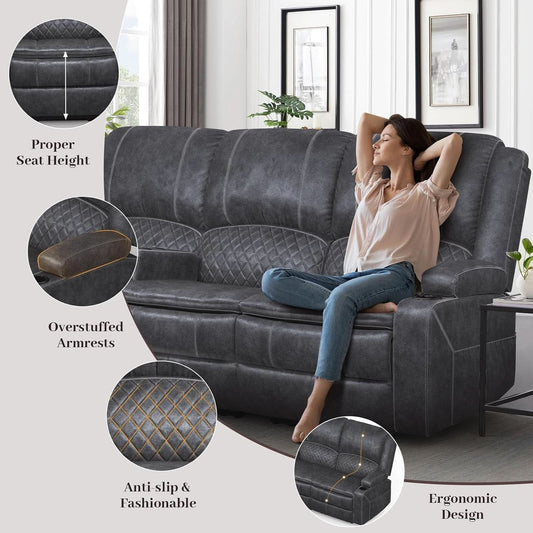 Grey 3 Seater Recliner Sofa Set With Removable Console For Living Room Comfort And Style