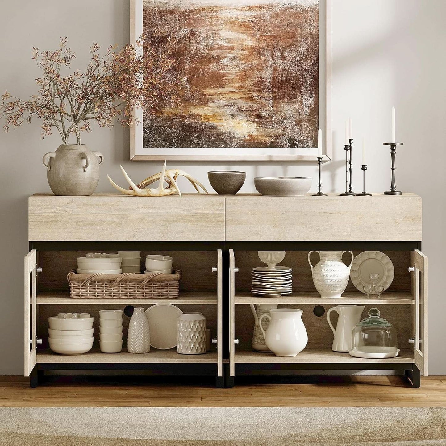 Oak Sideboard Buffet With Glass Doors Light Finish
