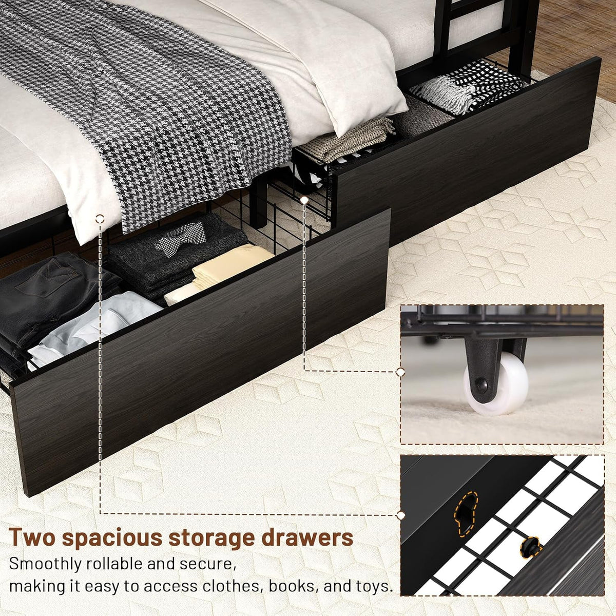 Black Twin XL Bunk Bed Foldaway Desk USB Charging Station