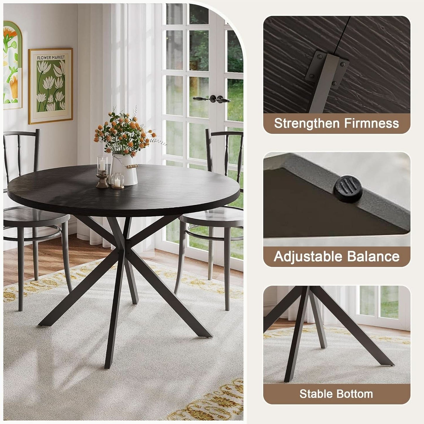 47.2 Inch Circular Dining Table Matte Black Finish