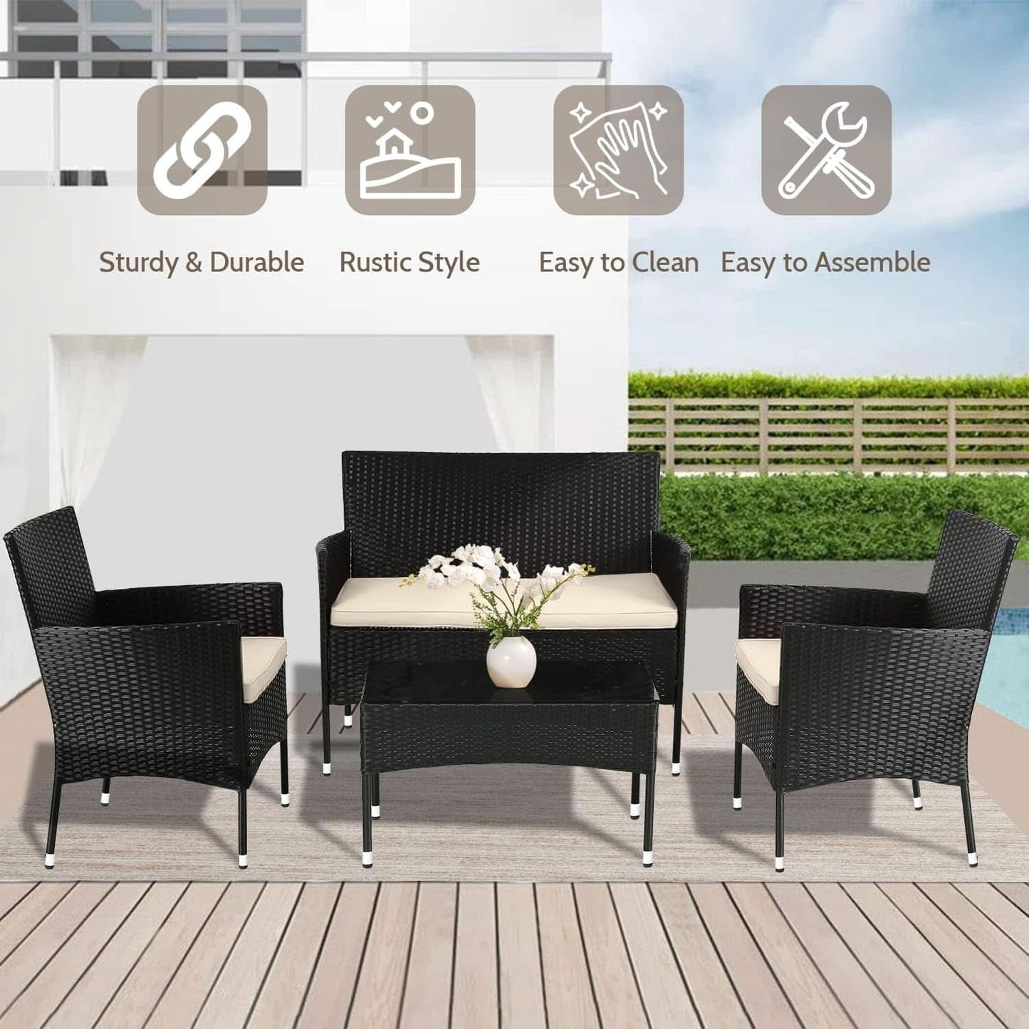 Outdoor Rattan 4 Piece Patio Furniture Conversation Set-3