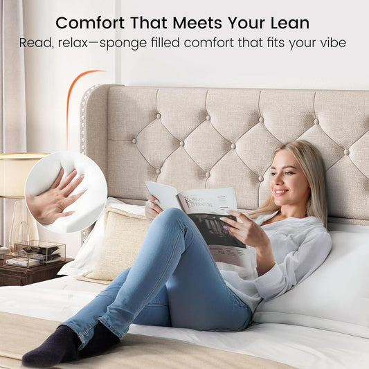 Queen Size Bed Frame Beige Upholstered Tufted Head board