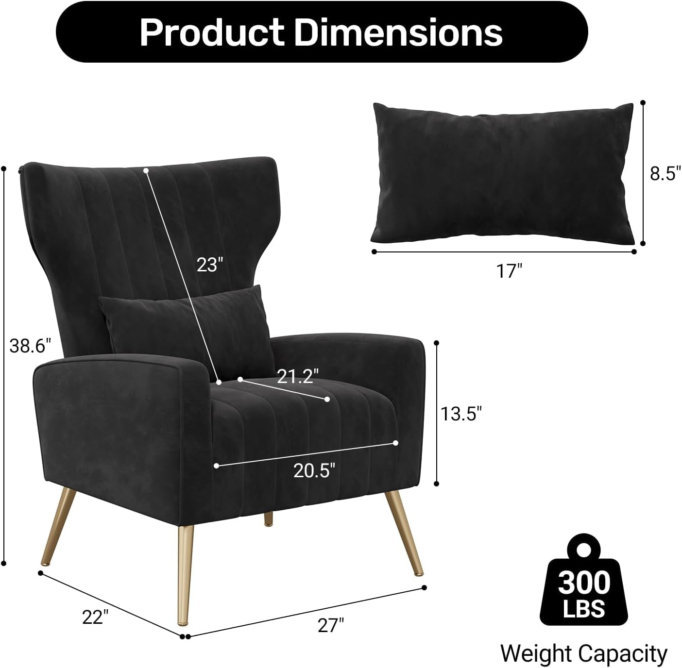 Black Velvet Wingback Chair Upholstered With Pillow