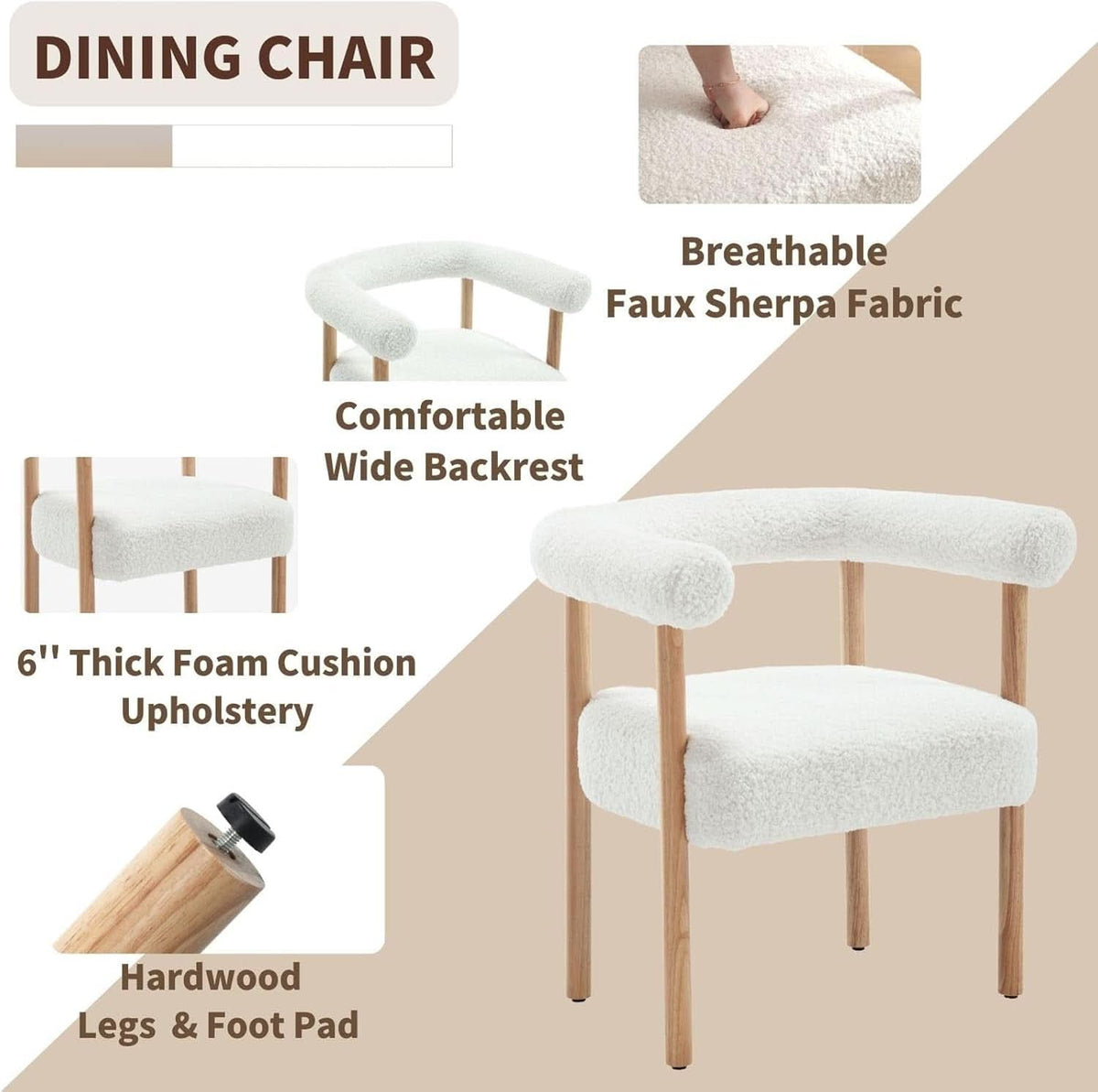 White Faux Sherpa Boucle Upholstered Dining Chairs