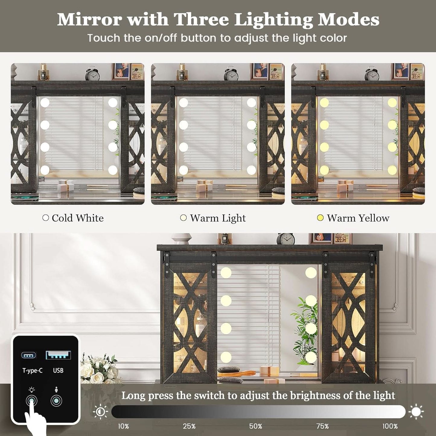 Brown Makeup Vanity With Illuminated Mirror Armoire