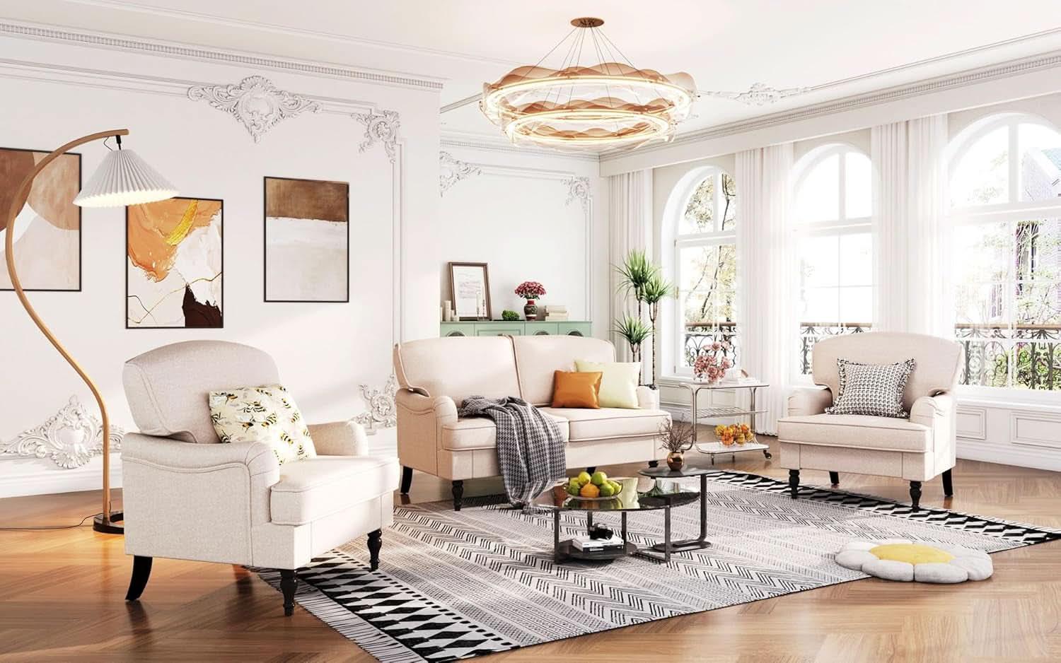 Three Piece Living Room Furniture Set With Linen Fabric Loveseat And Two Accent Chairs Off White-2