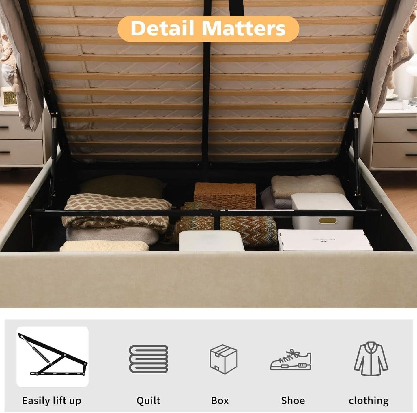 Queen Size Hydraulic Lift Storage Bed Beige Linen Upholstered