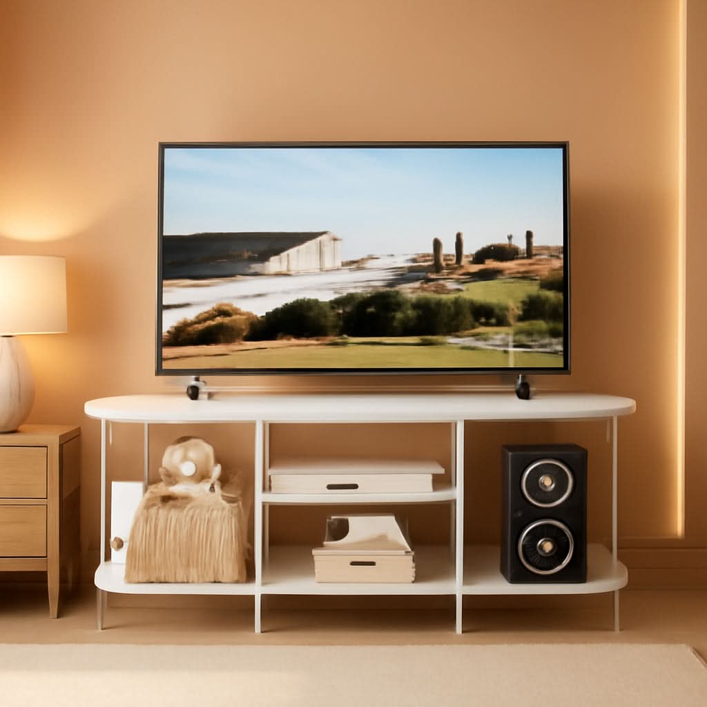 White Metal TV Entertainment Console With Storage Shelf