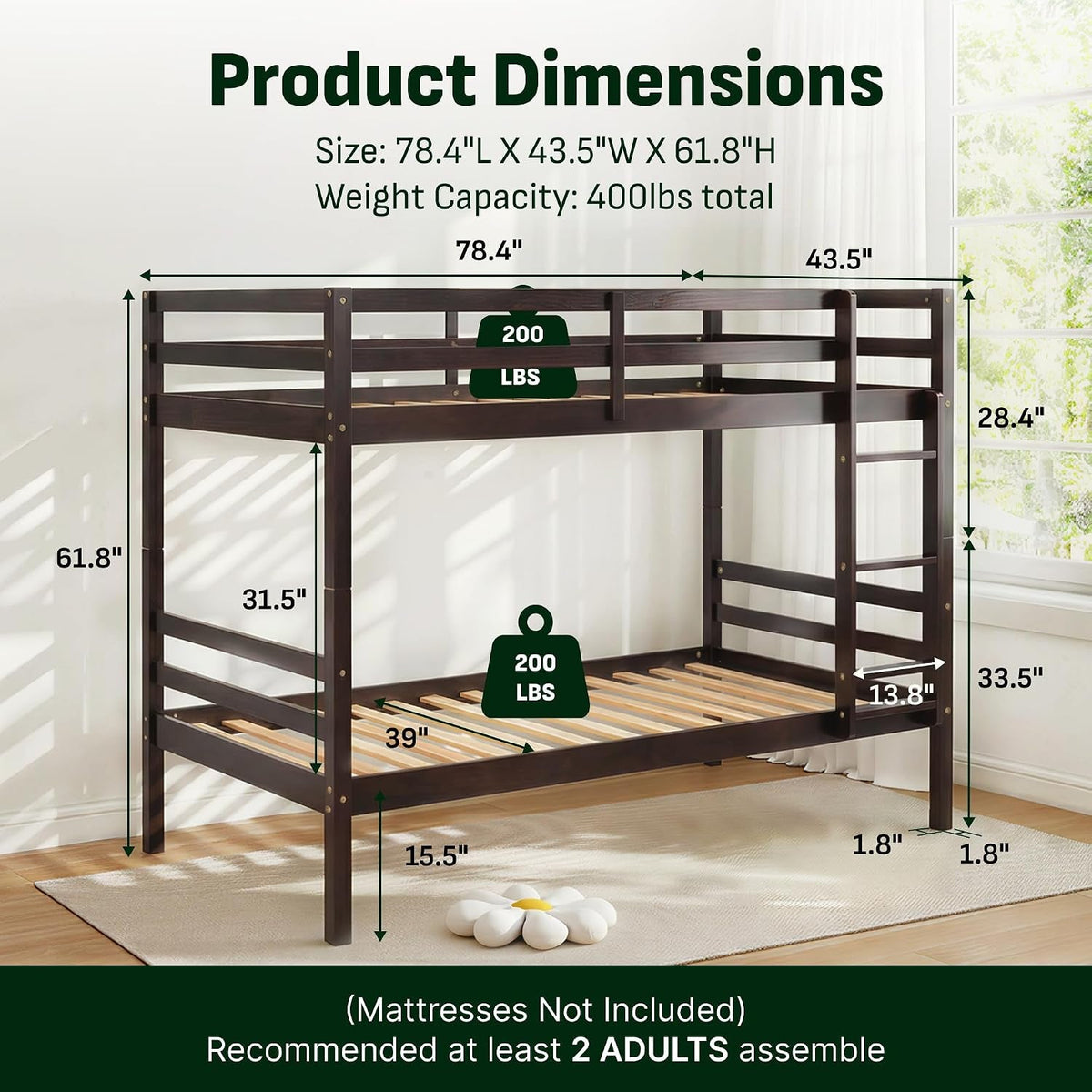 Solid Wood Black Twin Bunk Bed Under Bed Storage Guardrails