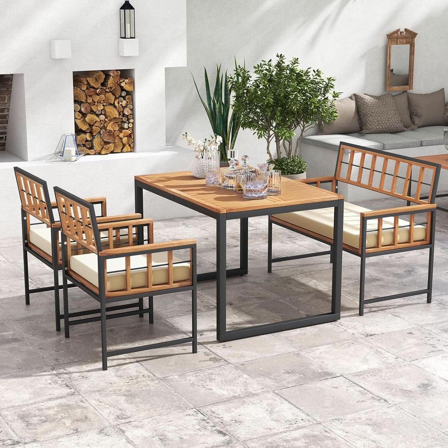 4 Piece Patio Dining Set With 47 Inch Acacia Table