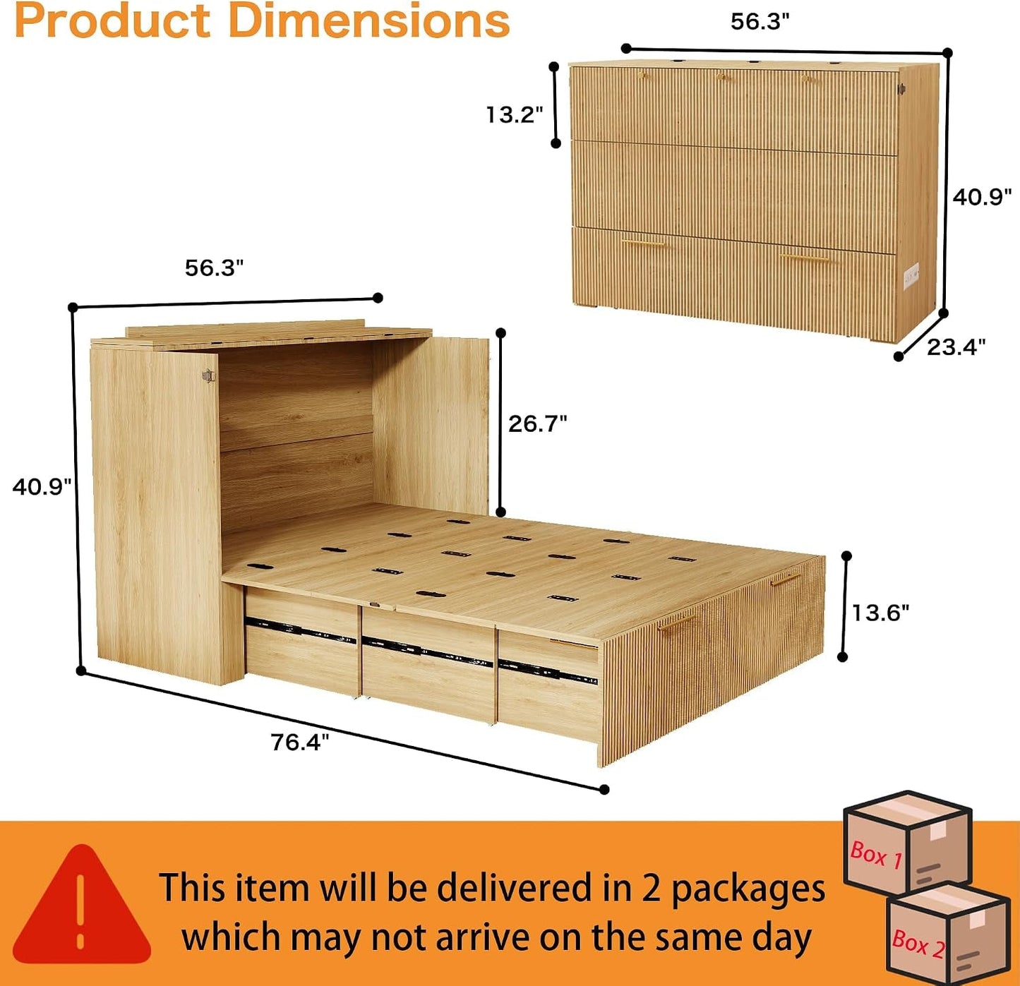 Fullsize Oak Murphy Bed Cabinet With Integrated Charging