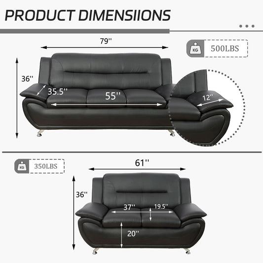 Black Faux Leather Sofa Loveseat 2 Piece Living Room Set